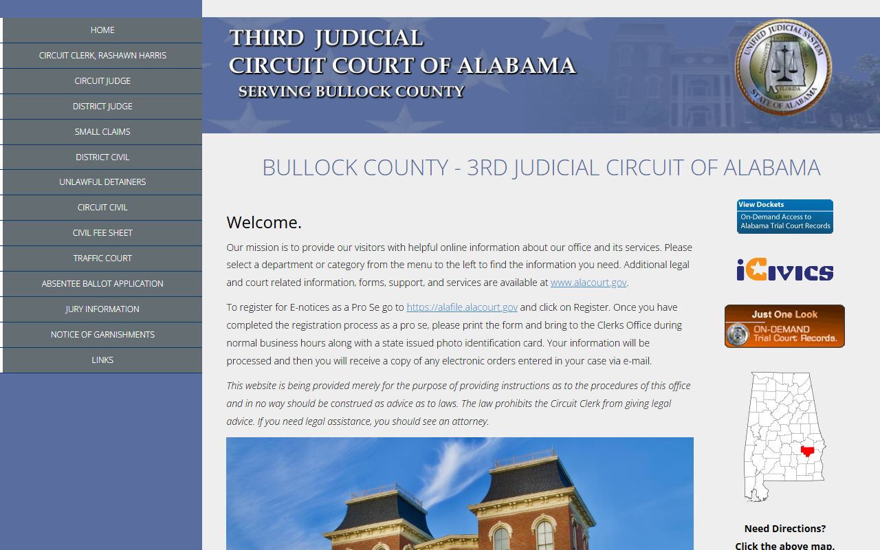 Bullock County court page for charges following an inmate population booking